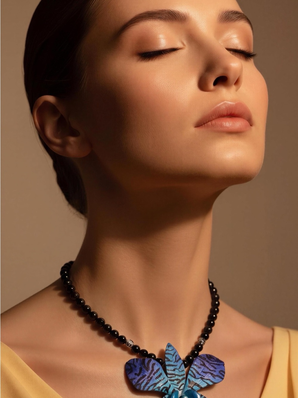 Black Beaded Necklace with Blue real blue orchid Pendant - Women Jewelry